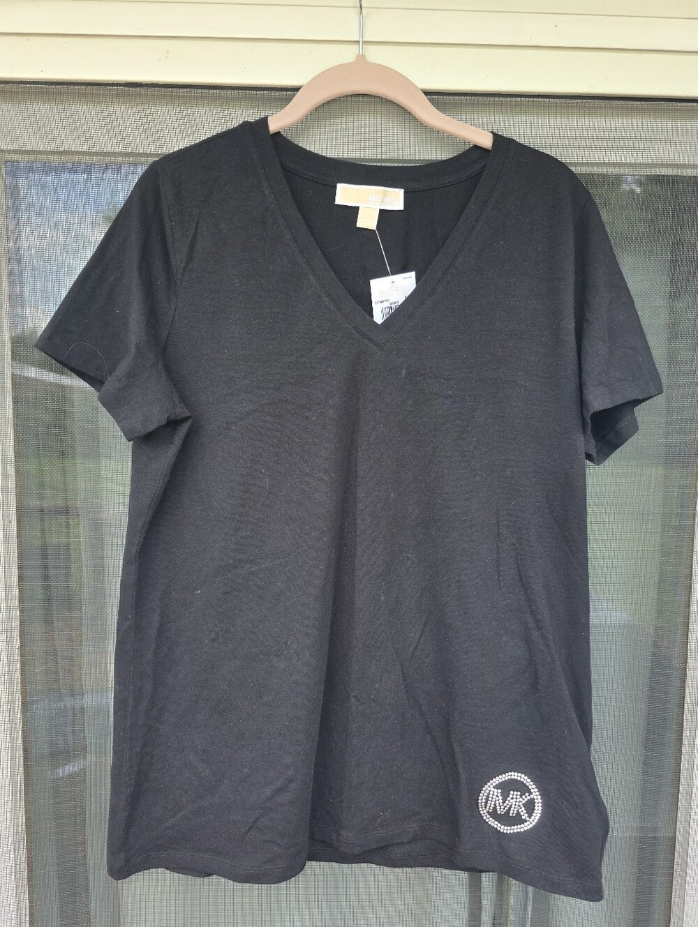 Michael Kors Black V-Neck Short Sleeve Tee with MK Rhinestone L NWT